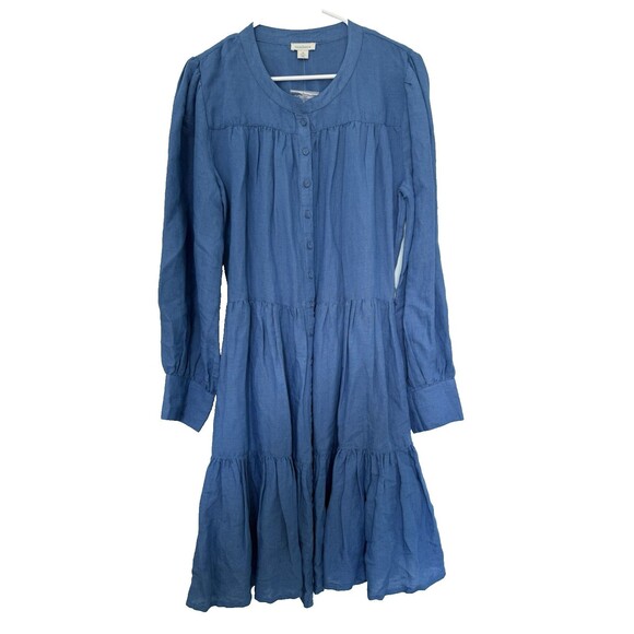 Sundance Elderflower Linen Blend Tiered Dress Size M Blue Long Sleeve Tie Belt - Picture 6 of 16